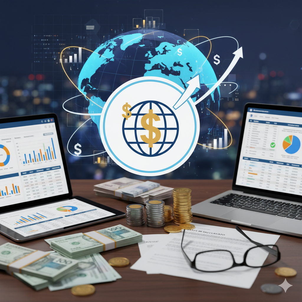 Tela de computador com relatórios financeiros e notas de dólar.